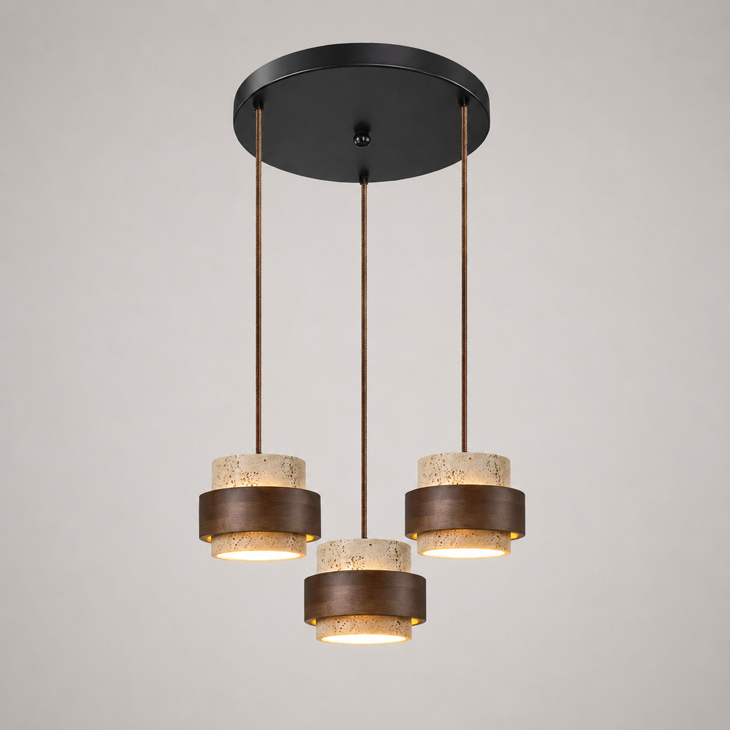 Pendant light with three hanging fixtures mounted to a round ceiling canopy on a white background.
