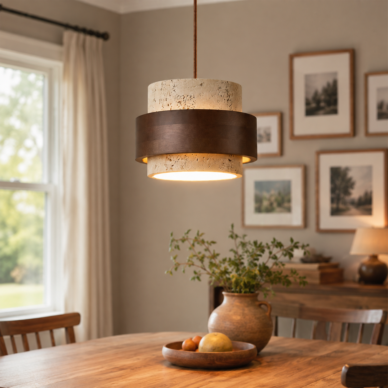 Pendant light hanging above a wooden dining table in a bright room with framed artwork on the wall.