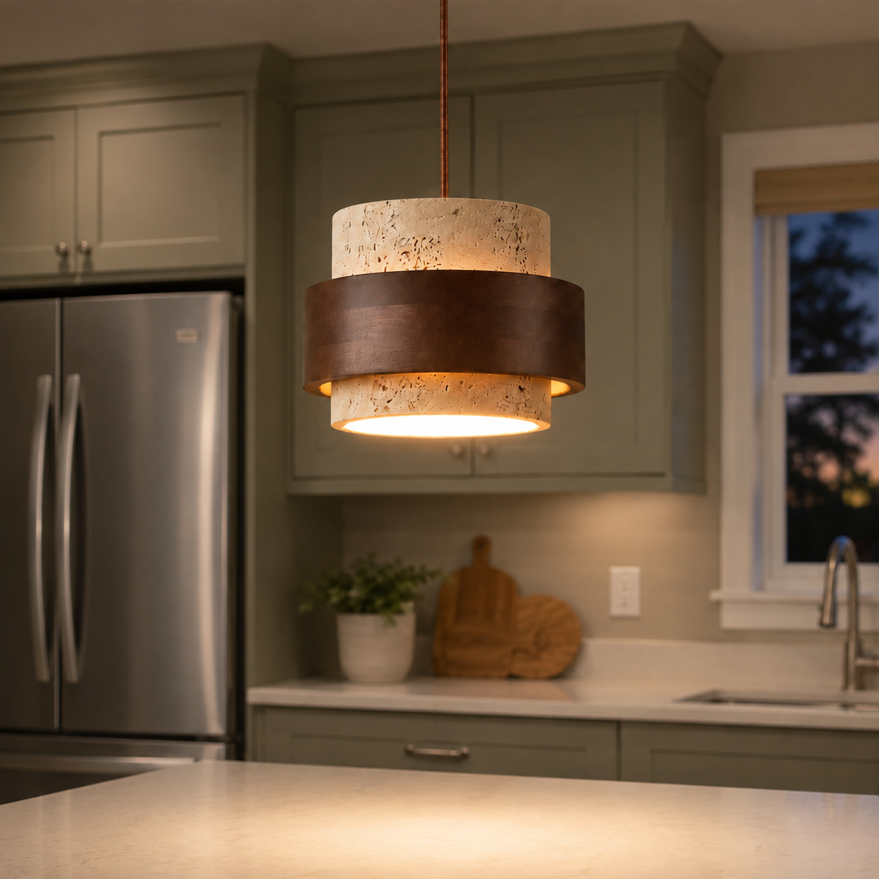 Pendant light suspended above a kitchen island in a modern kitchen with warm ambient lighting.