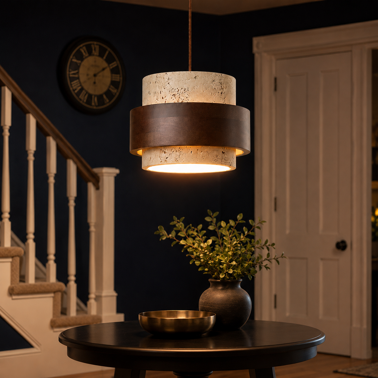 Pendant light hanging in a hallway near a staircase with warm lighting in the evening.