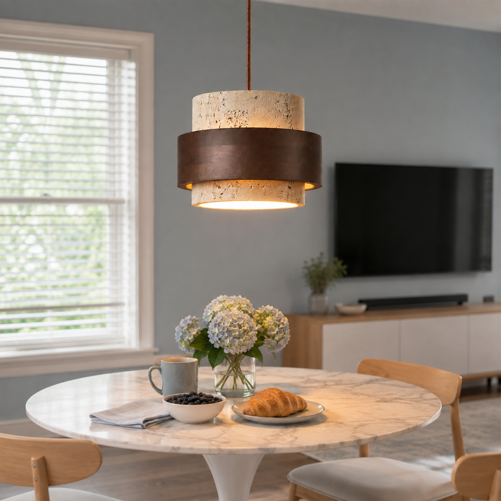 Pendant light hanging above a round dining table beside large windows in a bright dining area.