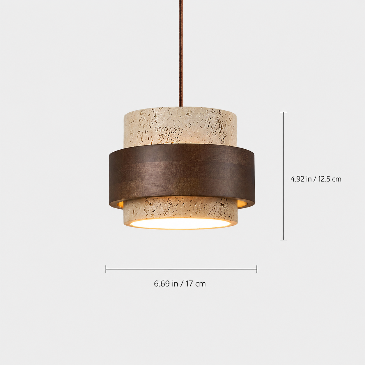 Pendant light shown from the front with dimension lines on a white background.