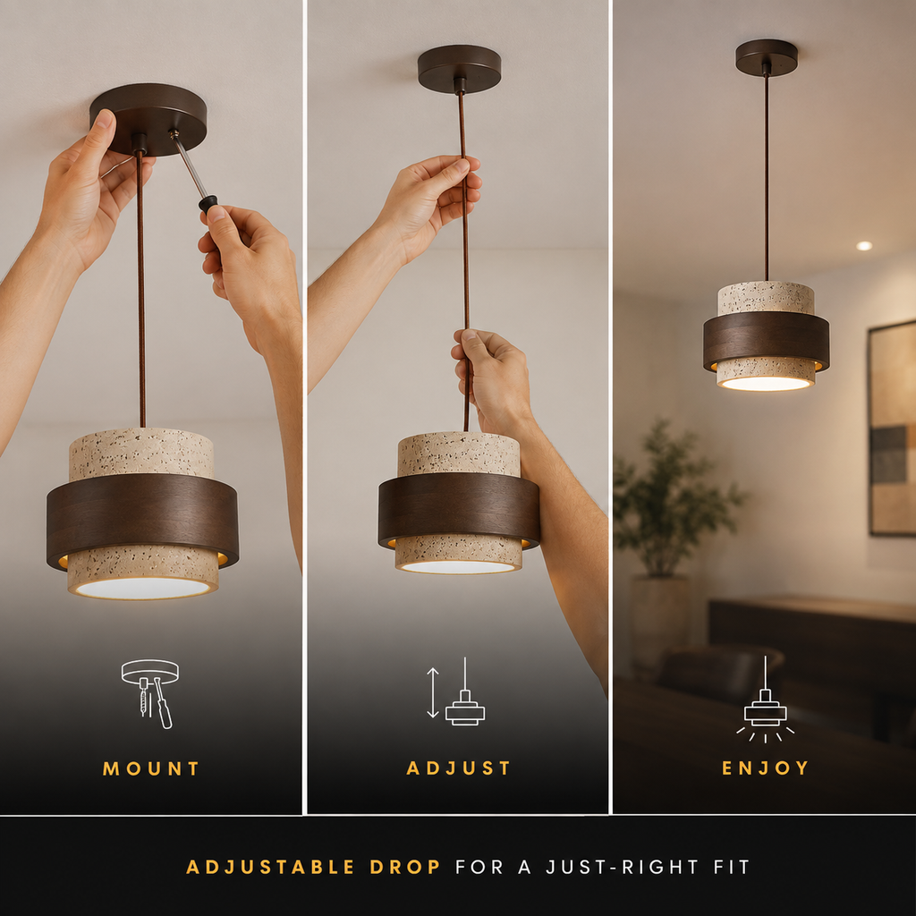 Pendant light shown being mounted, adjusted, and illuminated in a three-step installation guide.