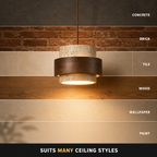 Pendant light displayed against concrete, brick, tile, wood, wallpaper, and painted wall backgrounds.