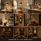 Pendant light shown illuminating dining, kitchen, bedroom, hallway, living room, and bar spaces in a lifestyle collage.
