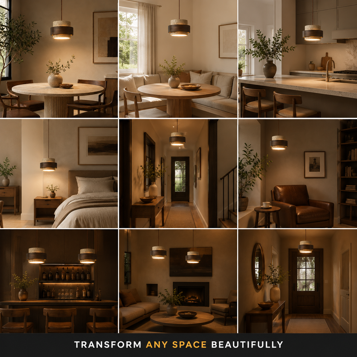 Pendant light shown illuminating dining, kitchen, bedroom, hallway, living room, and bar spaces in a lifestyle collage.