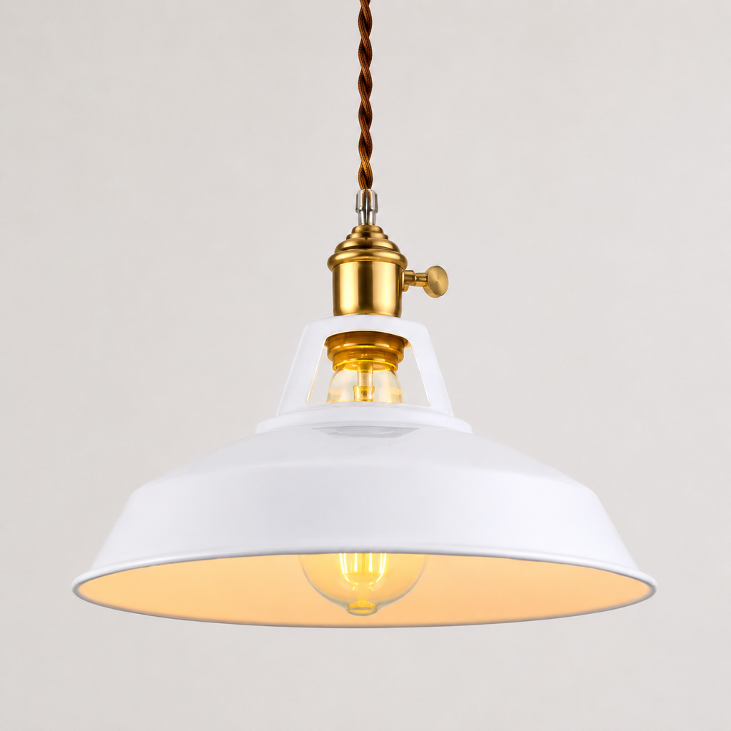 Metal pendant light with a brass socket, twisted brown cord, and exposed warm-glowing bulb.