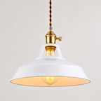 Metal pendant light with a brass socket, twisted brown cord, and exposed warm-glowing bulb.