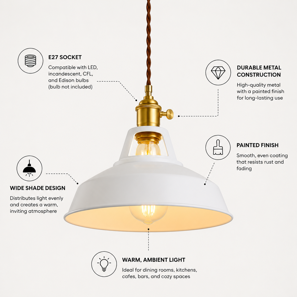 Metal pendant light with a brass socket, twisted brown cord, and exposed warm-glowing bulb.