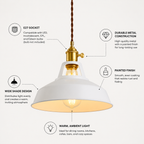 Metal pendant light with a brass socket, twisted brown cord, and exposed warm-glowing bulb.
