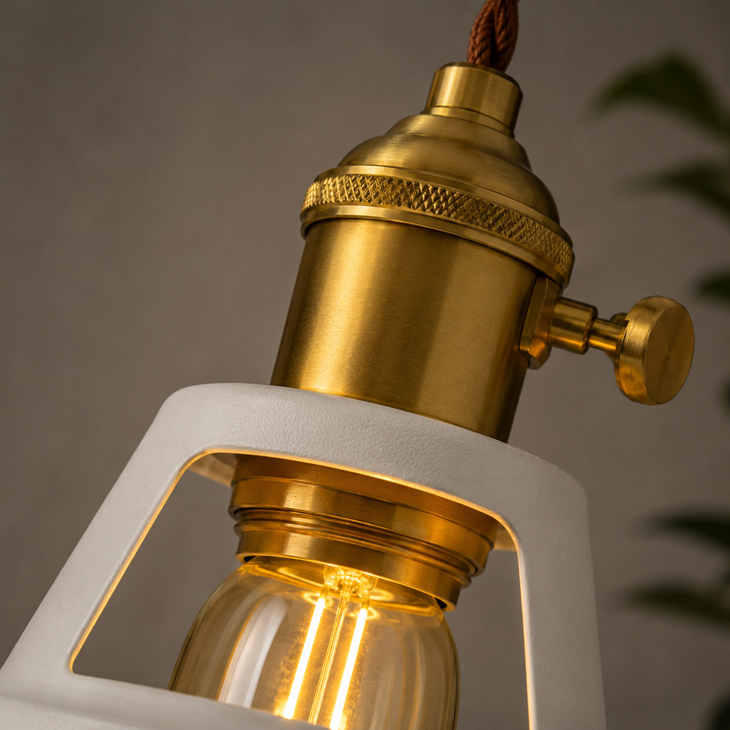 Metal pendant light with a brass socket, twisted brown cord, and exposed warm-glowing bulb.