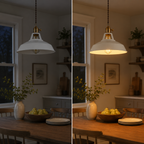 Metal pendant light with a brass socket, twisted brown cord, and exposed warm-glowing bulb.