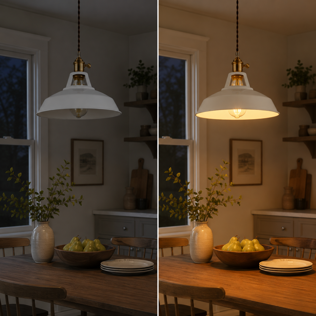 Metal pendant light with a brass socket, twisted brown cord, and exposed warm-glowing bulb.