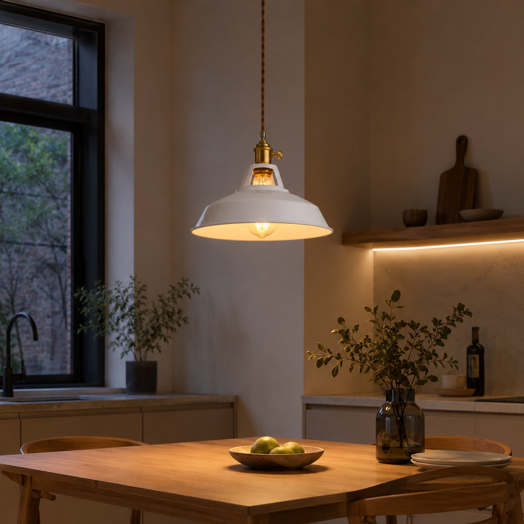 Metal pendant light with a brass socket, twisted brown cord, and exposed warm-glowing bulb.