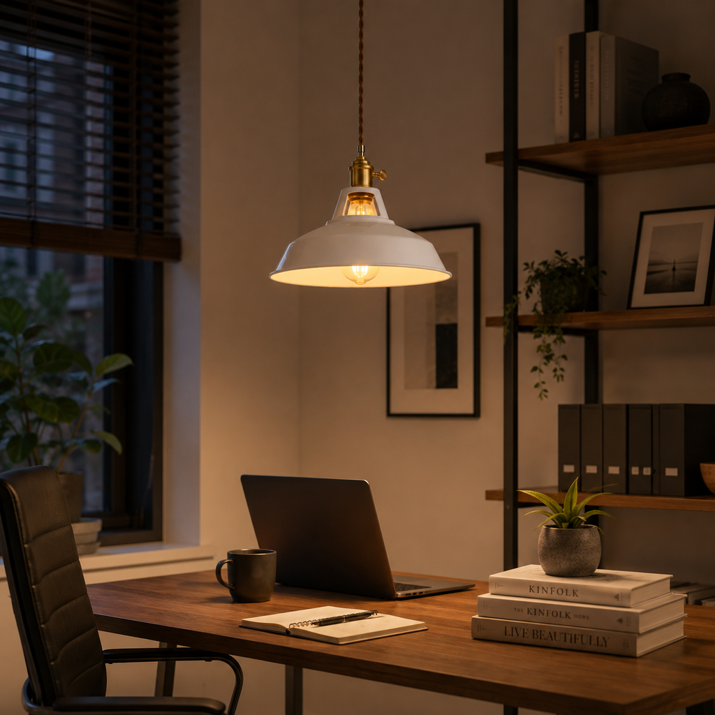 Metal pendant light with a brass socket, twisted brown cord, and exposed warm-glowing bulb.