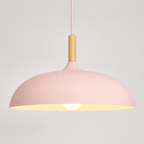 Pink wide-dome pendant light with a natural wood stem, glowing warm white against a neutral background.