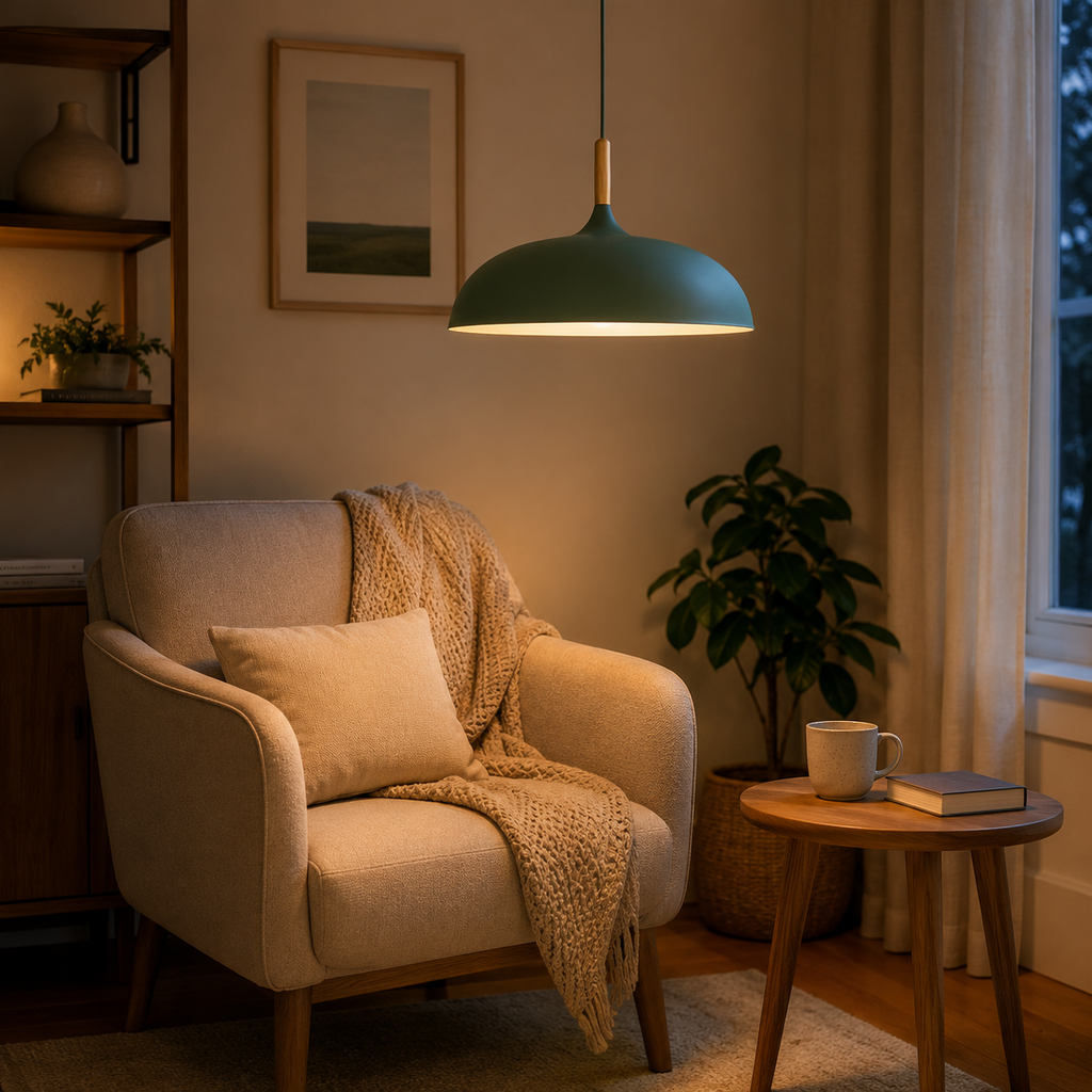 Green wide-dome pendant light with a natural wood stem, glowing warm white above a cozy reading chair with a side table, mug, and book.
