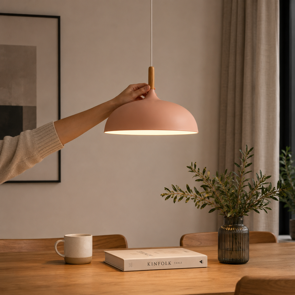 Hand adjusting a pink wide-dome pendant light with a natural wood stem, glowing warm white above a dining table with a mug, book, and vase.
