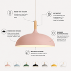 Pink wide-dome pendant light infographic highlighting the natural wood accent, E27 socket, aluminum shade, even ambient lighting, and seven color options.
