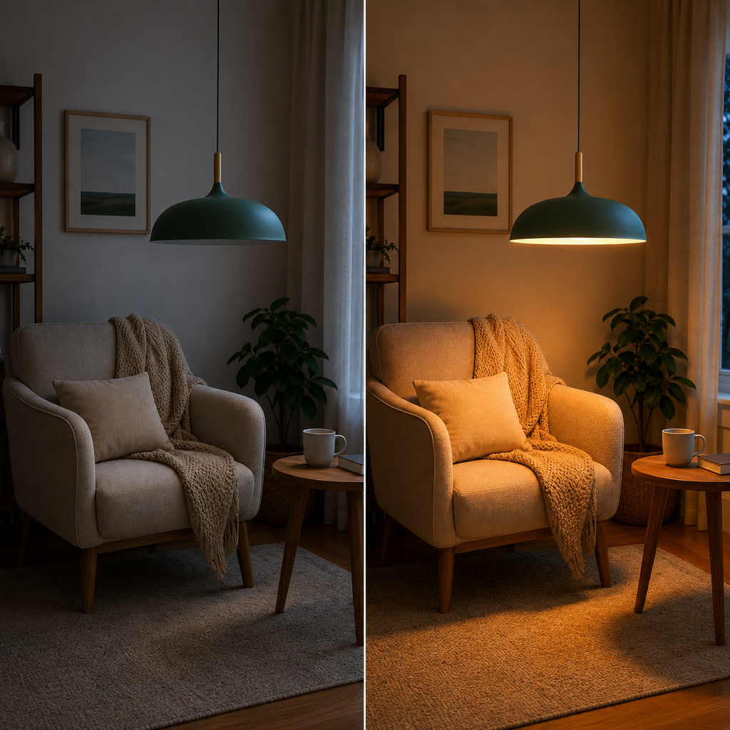 Green wide-dome pendant light with a natural wood stem shown off and glowing warm white above a cozy reading chair.

