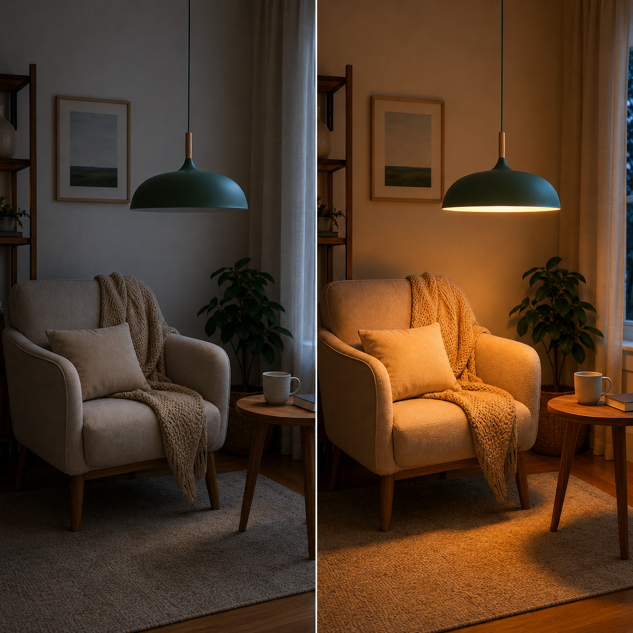 Green wide-dome pendant light with a natural wood stem shown off and glowing warm white above a cozy reading chair.

