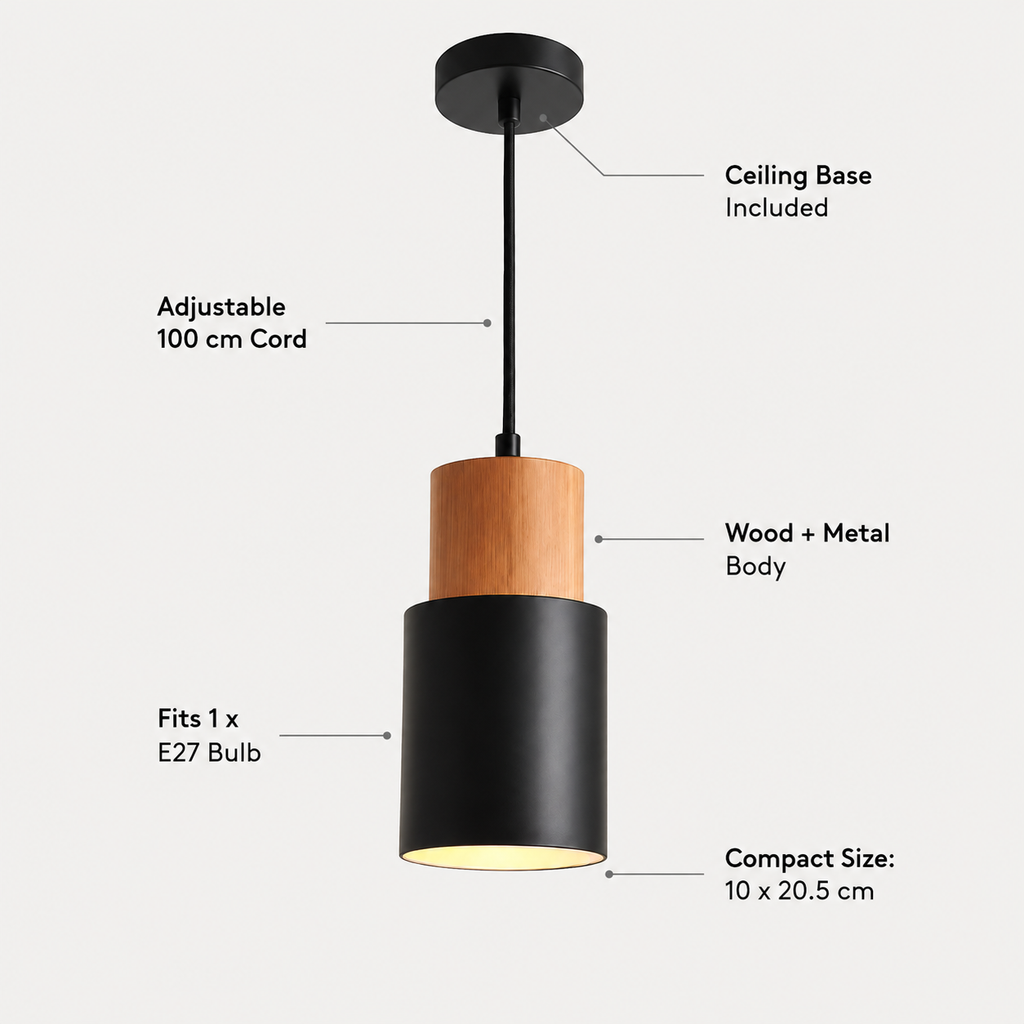 Pendant light infographic highlighting wood and metal construction, E27 socket, and adjustable cable.