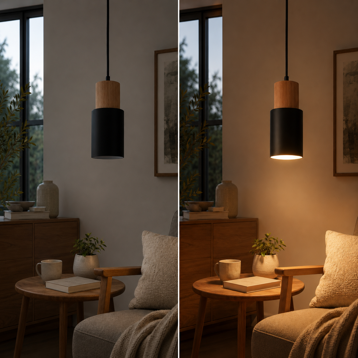Pendant light shown off and illuminated in the same room for a side-by-side comparison.