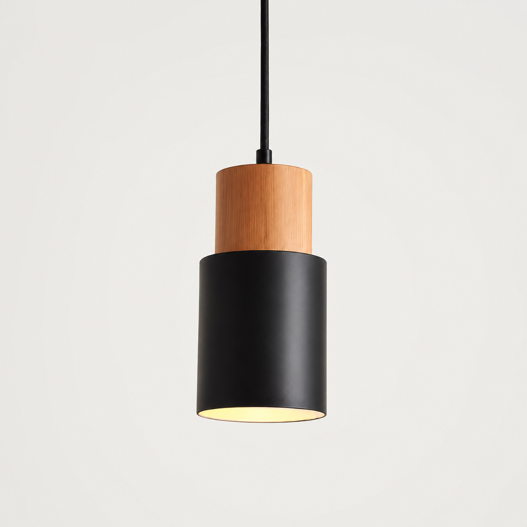 Black pendant light with a cylindrical wood and metal body on a clean white background.