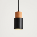Black pendant light with a cylindrical wood and metal body on a clean white background.