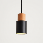 Black pendant light with a cylindrical wood and metal body on a clean white background.