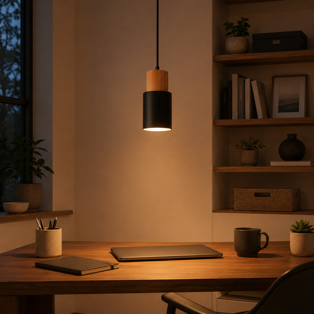 Pendant light suspended above a dining table in a modern dining space with wood accents.