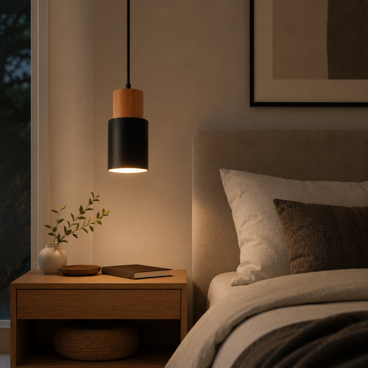 Pendant light hanging above a bedside table in a tidy bedroom with directed downward lighting.