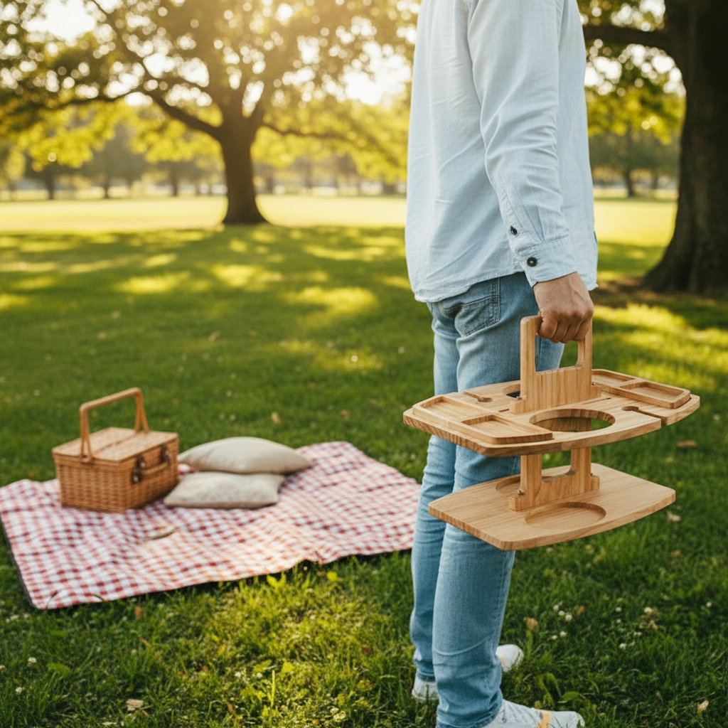 Picnic Table | Wooden Wine Holder, Folding Compartments, Natural Finish — product image 7