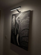 Black picture light casting a focused beam over monochrome wall art.