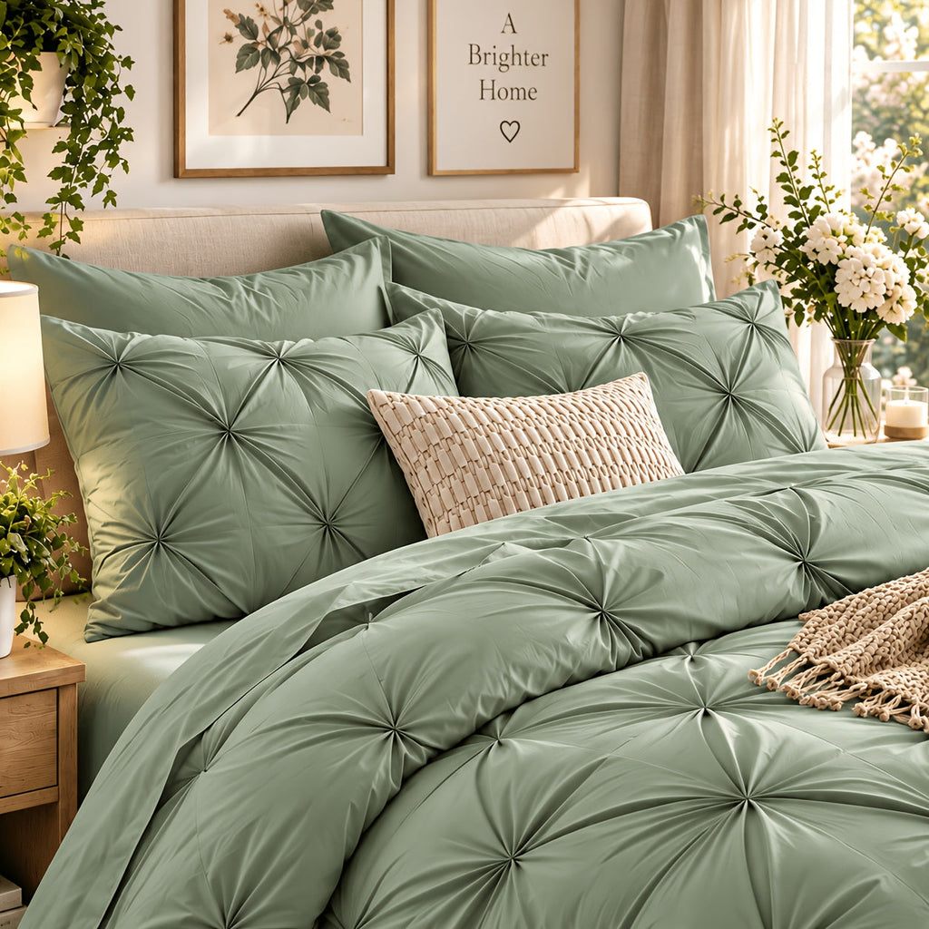 Close-up of sage green pinched pleat detail