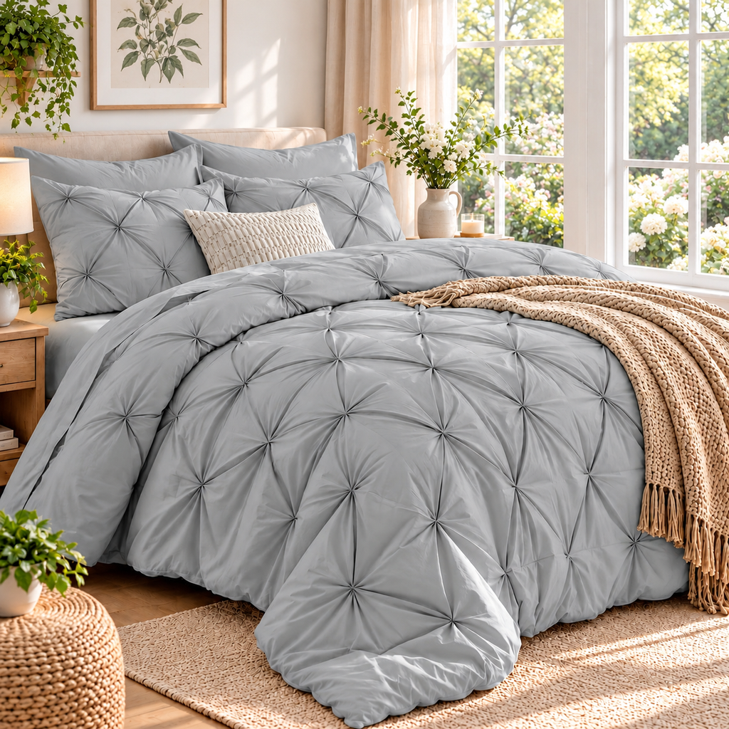 Refreshed light gray pinch pleat comforter bedroom photograph