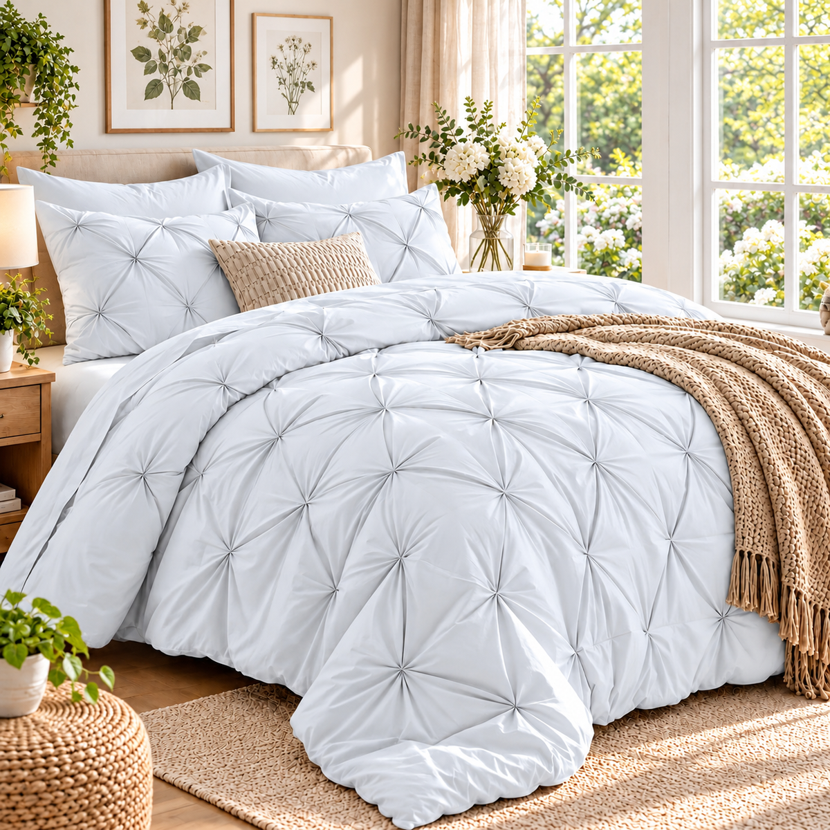 Refreshed white pinch pleat comforter bedroom photograph
