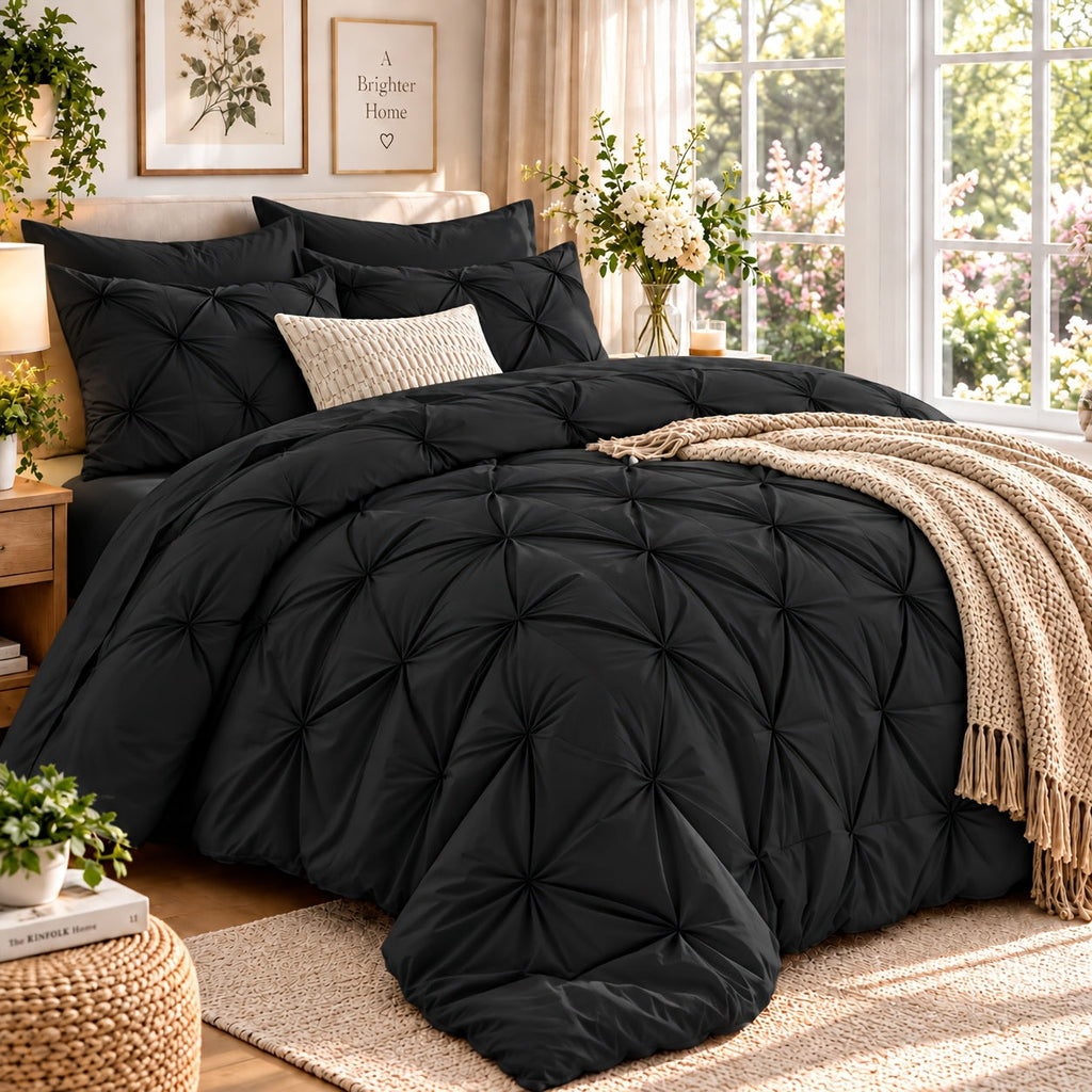 Black pinch pleat comforter set in a bedroom