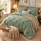 Sage green comforter set viewed from the side