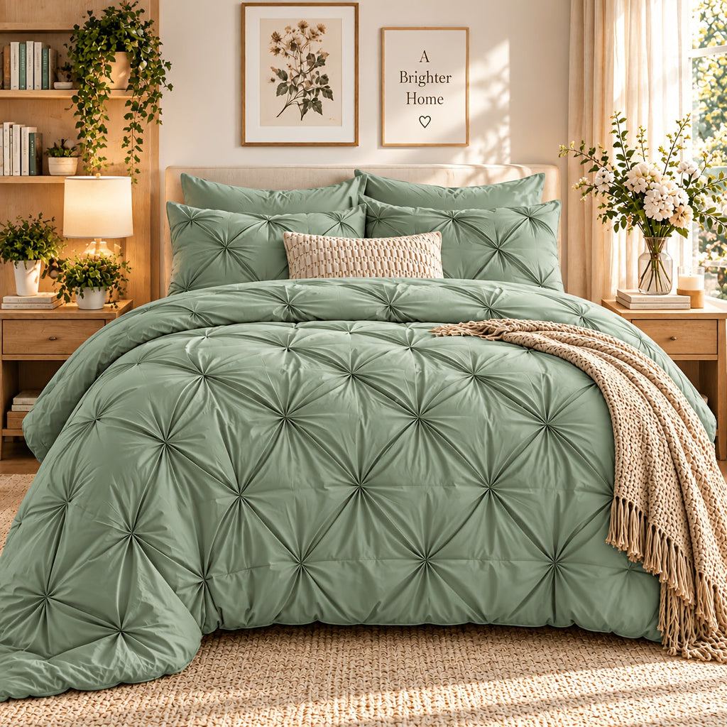 Sage green pinch pleat comforter viewed from the foot of the bed