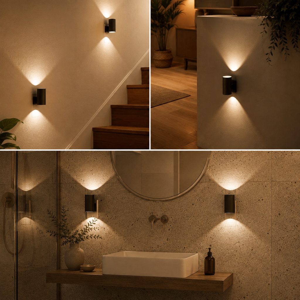 Black plug in night lights illuminate stairs, a console, and a bathroom wall.