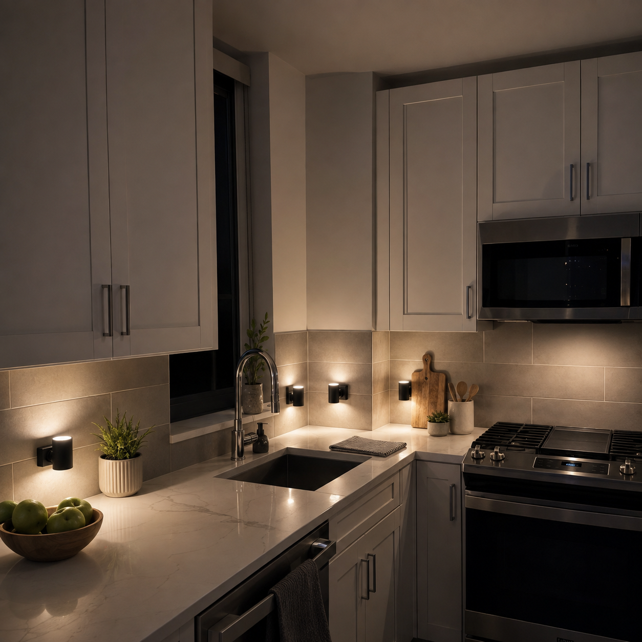 Several black plug in night lights create warm pools of light along a kitchen backsplash.
