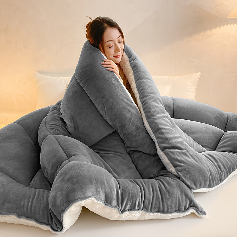 Gray comforter wrapped around a seated woman showing the ivory reverse