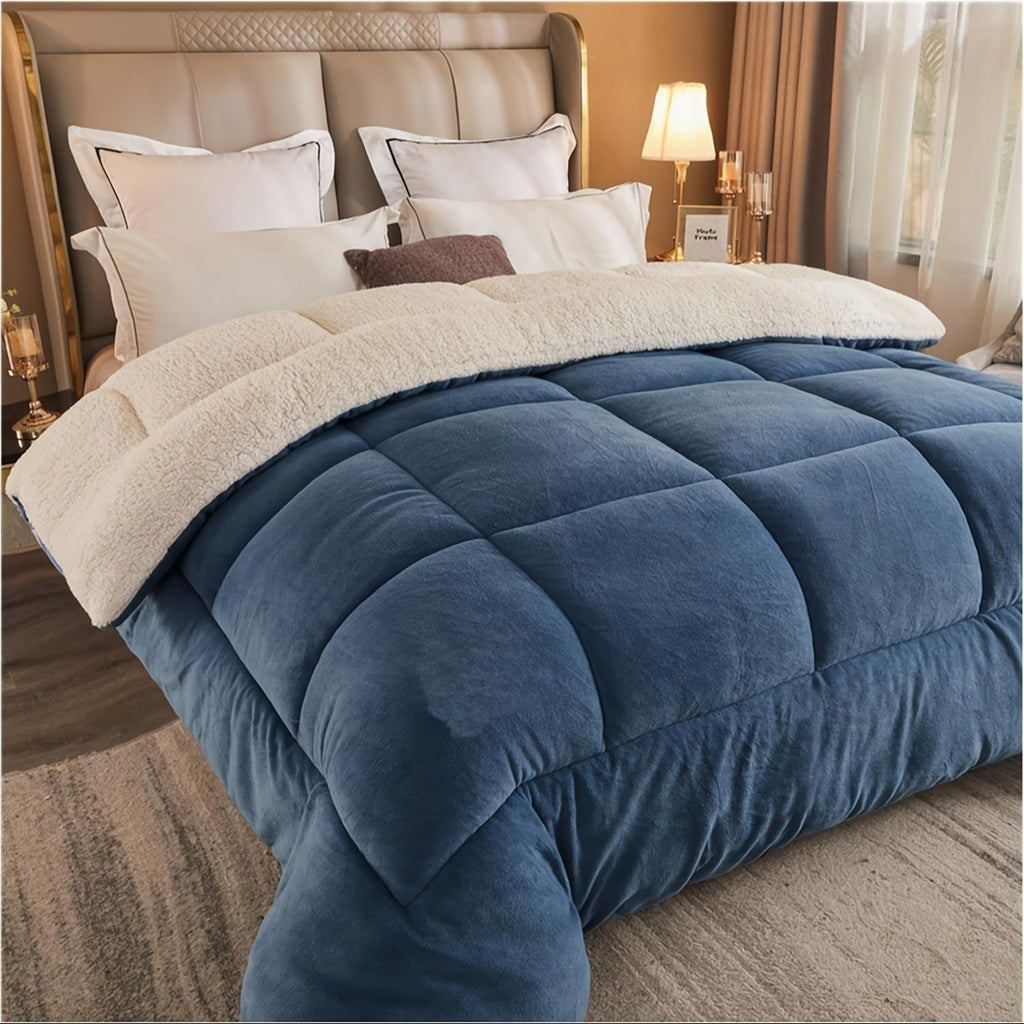 Blue plush box quilted comforter with ivory fleece reverse on a bed