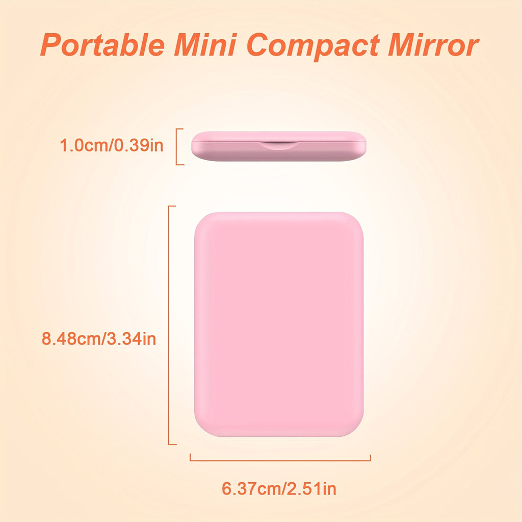 Pink pocket makeup mirror shown closed with its dimensions in inches and centimeters.