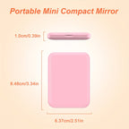 Pink pocket makeup mirror shown closed with its dimensions in inches and centimeters.