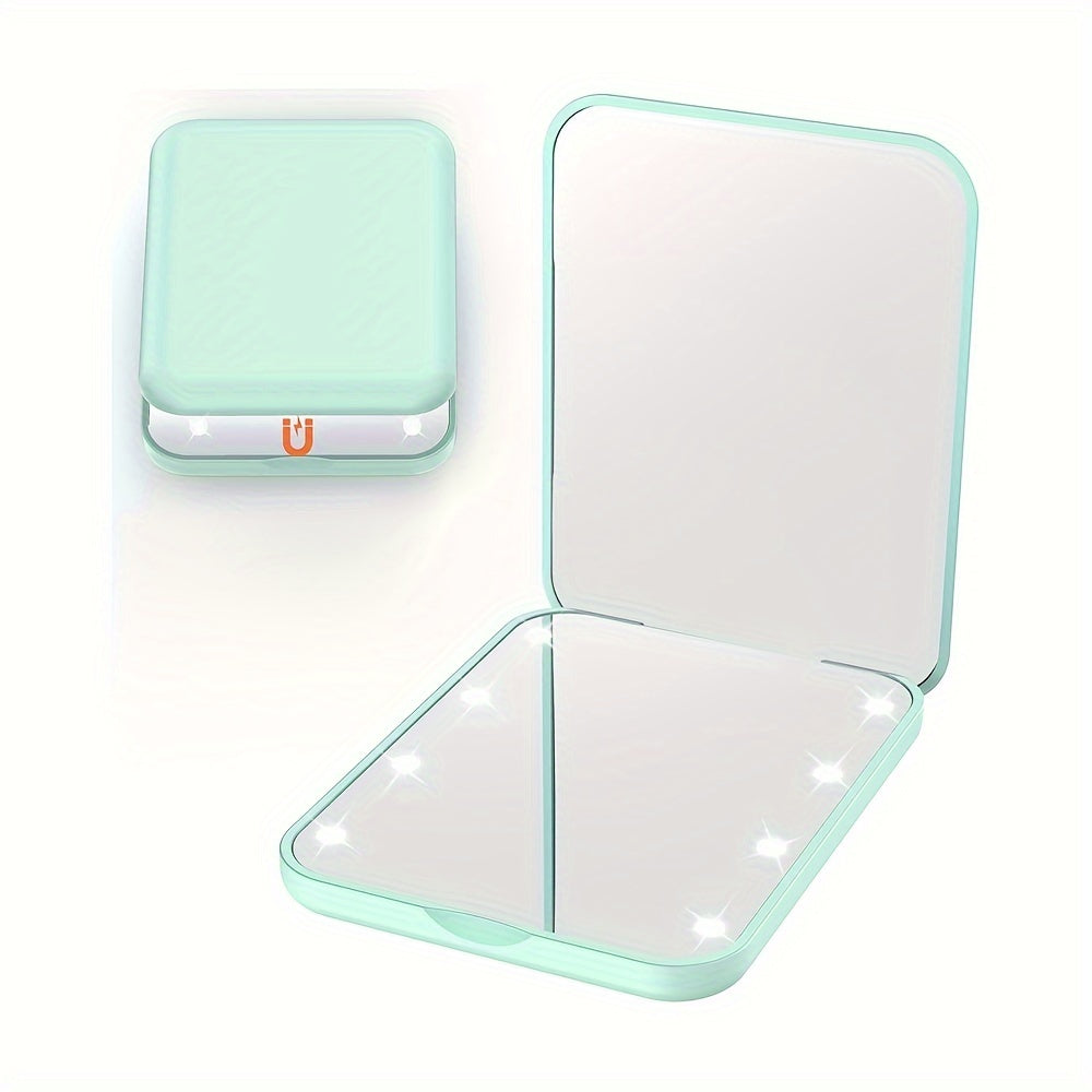 Green pocket makeup mirror shown open and closed on a white background.