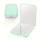 Green pocket makeup mirror shown open and closed on a white background.
