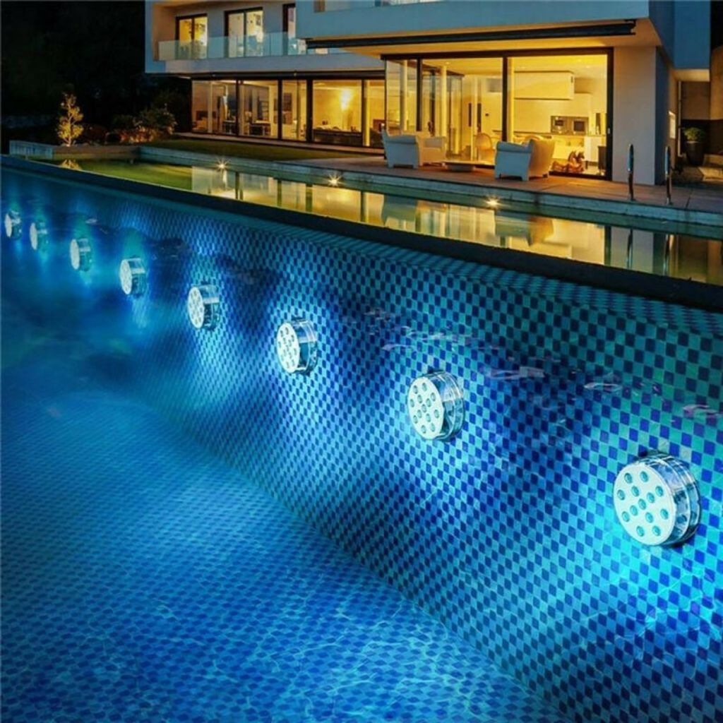 Submersible RGB pool light with RF remote control.