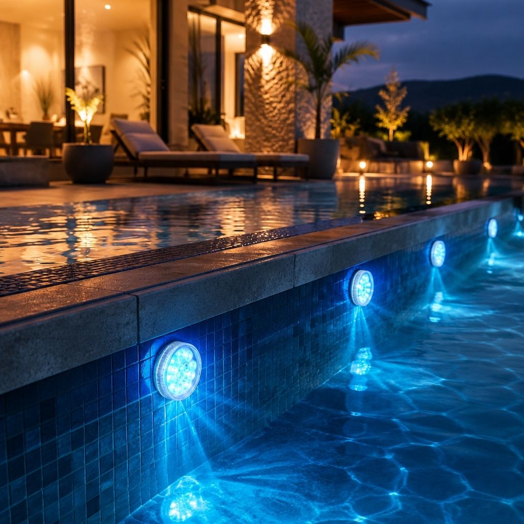 Round pool LED light showing multicolor illumination.